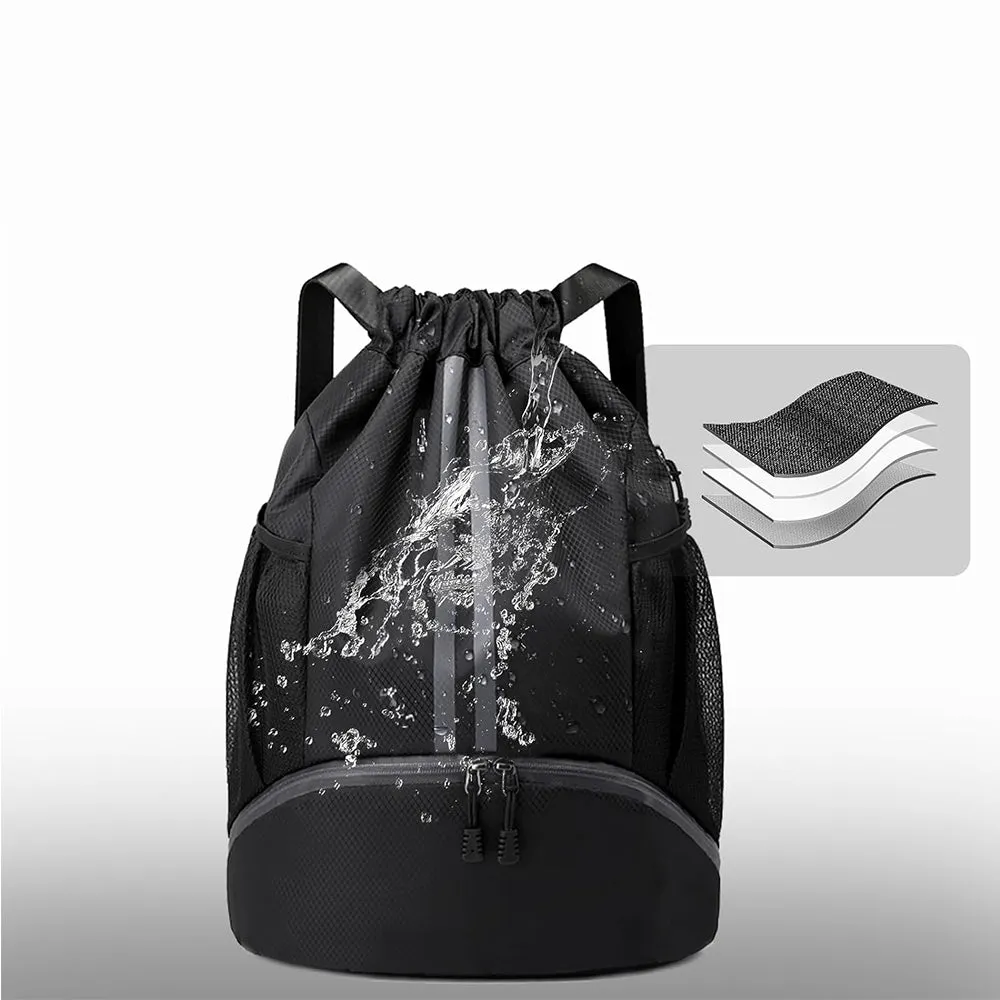 Water Resistant Drawstring Backpack Sports Gym Sackpack with Shoe Compartment Black