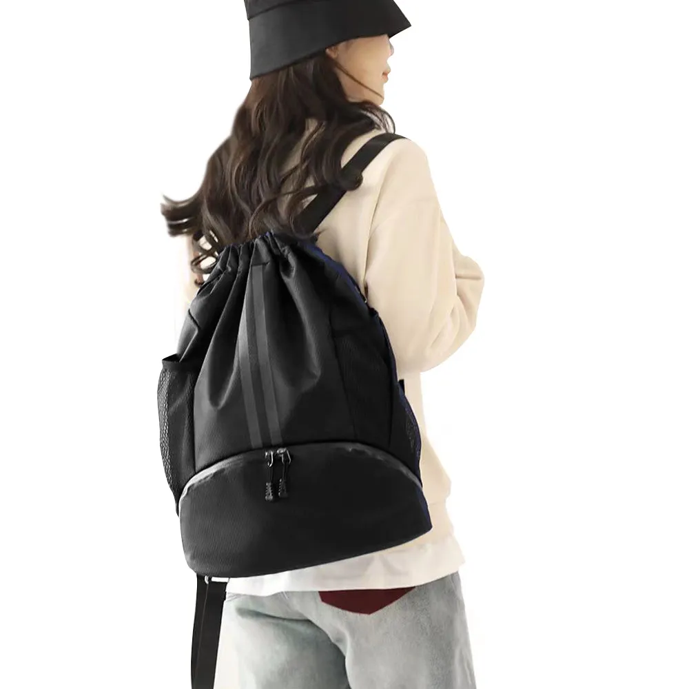 Water Resistant Drawstring Backpack Sports Gym Sackpack with Shoe Compartment Black