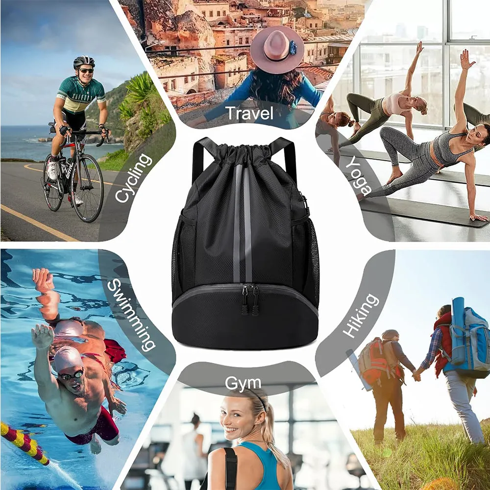 Water Resistant Drawstring Backpack Sports Gym Sackpack with Shoe Compartment Black