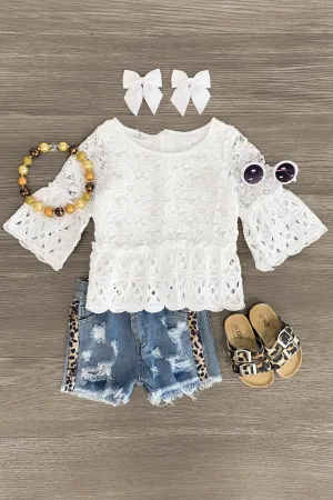 White Floral Lace Leopard Denim Short Set