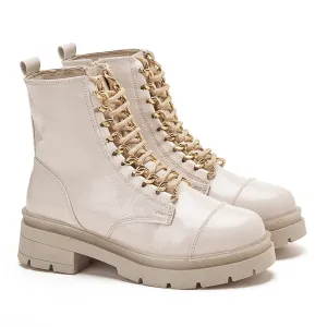 Women Shiny Chunky Lace Up Boots With Golden Accessory - Beige